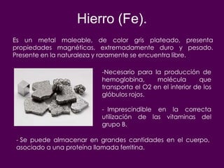 Hierro (Fe).
Es un metal maleable, de color gris plateado, presenta
propiedades magnéticas, extremadamente duro y pesado.
Presente en la naturaleza y raramente se encuentra libre.

                         -Necesario para la producción de
                         hemoglobina,      molécula       que
                         transporta el O2 en el interior de los
                         glóbulos rojos.

                         - Imprescindible en la correcta
                         utilización de las vitaminas del
                         grupo B.

- Se puede almacenar en grandes cantidades en el cuerpo,
asociado a una proteína llamada ferritina.
 
