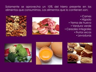 Solamente se aprovecha un 10% del hierro presente en los
alimentos que consumimos. Los alimentos que lo contienen son:

                                                        • Carnes
                                                        • Hígado
                                             • Yema de huevo
                                               • Verdura verde
                                          • Cereales integrales
                                                  • Frutos secos
                                                    • Levaduras
 