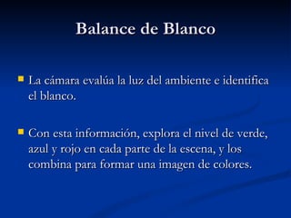 Balance de Blanco La cámara evalúa la luz del ambiente e identifica el blanco.  Con esta información,  explora el nivel de verde, azul y rojo en cada parte de la escena, y los combina para formar una imagen de colores. 