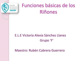 Funciones básicas de los 
Riñones 
E.L.E Victoria Alexia Sánchez Llanez 
Grupo ‘F’ 
Maestro: Rubén Cabrera Guerrero 
 