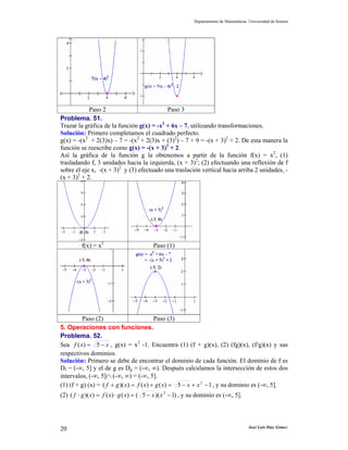 Departamento de Matemáticas. Universidad de Sonora




            Paso 2                         Paso 3
Problema. 51.
Trazar la gráfica de la función g(x) = -x2 + 6x – 7, utilizando transformaciones.
Solución: Primero completamos el cuadrado perfecto.
g(x) = -(x2 + 2(3)x) – 7 = -(x2 + 2(3)x + (3)2) – 7 + 9 = -(x + 3)2 + 2. De esta manera la
función se reescribe como g(x) = -(x + 3)2 + 2.
Así la gráfica de la función g la obtenemos a partir de la función f(x) = x2, (1)
trasladando f, 3 unidades hacia la izquierda, (x + 3)2; (2) efectuando una reflexión de f
sobre el eje x, -(x + 3)2 y (3) efectuado una traslación vertical hacia arriba 2 unidades, -
(x + 3)2 + 2.




         f(x) = x2                         Paso (1)




         Paso (2)                         Paso (3)
5. Operaciones con funciones.
Problema. 52.
Sea f ( x) = 5 − x , g(x) = x2 -1. Encuentra (1) (f + g)(x), (2) (fg)(x), (f/g)(x) y sus
respectivos dominios.
Solución: Primero se debe de encontrar el dominio de cada función. El dominio de f es
Df = (-∞, 5] y el de g es Dg = (-∞, ∞). Después calculamos la intersección de estos dos
intervalos, (-∞, 5]∩ (-∞, ∞) = (-∞, 5].
(1) (f + g) (x) = ( f + g )( x) = f ( x) + g ( x) = 5 − x + x 2 − 1 , y su dominio es (-∞, 5].
(2) ( f ⋅ g )( x) = f ( x) ⋅ g ( x) = ( 5 − x )( x 2 − 1) , y su dominio es (-∞, 5].




20                                                                                       José Luis Díaz Gómez
 