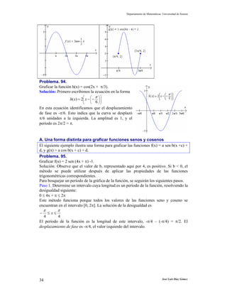 Departamento de Matemáticas. Universidad de Sonora




Problema. 94.
Graficar la función h(x) = cos(2x + π/3).
Solución: Primero escribimos la ecuación en la forma
                           ⎛           π ⎞⎞
                  h( x) = 2⎜ x − ⎛ −
                           ⎜     ⎜       ⎟⎟
                           ⎝    6 ⎠⎟
                                 ⎝ ⎠
En esta ecuación identificamos que el desplazamiento
de fase es -π/6. Esto indica que la curva se desplazó
π/6 unidades a la izquierda. La amplitud es 1, y el
período es 2π/2 = π.


A. Una forma distinta para graficar funciones senos y cosenos
El siguiente ejemplo ilustra una forma para graficar las funciones f(x) = a sen b(x +c) +
d, y g(x) = a cos b(x + c) + d.
Problema. 95.
Graficar f(x) = 2 sen (4x + π) -1.
Solución: Observe que el valor de b, representado aquí por 4, es positivo. Si b < 0, el
método se puede utilizar después de aplicar las propiedades de las funciones
trigonométricas correspondientes.
Para bosquejar un período de la gráfica de la función, se seguirán los siguientes pasos.
Paso 1. Determine un intervalo cuya longitud es un período de la función, resolviendo la
desigualdad siguiente:
0 ≤ 4x + π ≤ 2π
Este método funciona porque todos los valores de las funciones seno y coseno se
encuentran en el intervalo [0, 2π]. La solución de la desigualdad es
    π         π
−       ≤x≤
  4       4
El período de la función es la longitud de este intervalo, -π/4 – (-π/4) = π/2. El
desplazamiento de fase es -π/4, el valor izquierdo del intervalo.




34                                                                              José Luis Díaz Gómez
 