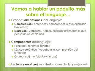Vamos a hablar un poquito más
sobre el lenguaje…
 Grandes dimensiones del lenguaje:
 Comprensión ( entender y comprender lo que expresan
los demás)
 Expresión ( verbalizar, hablar, expresar oralmente lo que
pensamos a los demás
 Componentes del lenguaje:
 Fonético ( fonemas-sonidos)
 Léxico-semántico ( vocabulario, comprensión del
lenguaje
 Gramatical( morfología y sintaxis)
 Lectura y escritura( manifestaciones del lenguaje oral)
 