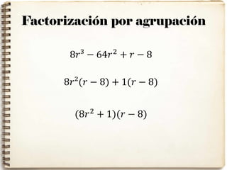 Factorización por agrupación
8𝑟³ − 64𝑟2
+ 𝑟 − 8
8𝑟²(𝑟 − 8) + 1(𝑟 − 8)
(8𝑟2
+ 1)(𝑟 − 8)
 