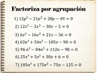 Factoriza por agrupación
1) 12𝑝³ − 21𝑝2
+ 28𝑝 − 49 = 0
2) 12𝑥³ − 2𝑥2
− 30𝑥 − 5 = 0
3) 6𝑣³ − 16𝑣2
+ 21𝑣 − 56 = 0
4) 63𝑛³ + 54𝑛² − 105𝑛 − 90 = 0
5) 96 𝑛³ − 84𝑛2
+ 112𝑛 − 98 = 0
6) 25𝑥³ + 5𝑥² + 30𝑥 + 6 = 0
7) 105𝑛³ + 175𝑛² − 75𝑛 − 125 = 0
 