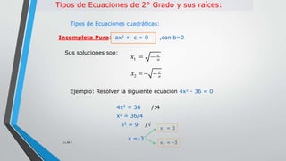 Tipos de Ecuaciones cuadráticas:
Incompleta Pura: ax2 + c = 0 ,con b=0
Sus soluciones son:
1
c
ax  
2
c
ax   
Ejemplo...