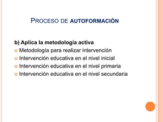 PROCESO DE AUTOFORMACIÓN


b) Aplica la metodología activa
 Metodología para realizar intervención

 Intervención educativa en el nivel inicial

 Intervención educativa en el nivel primaria

 Intervención educativa en el nivel secundaria
 
