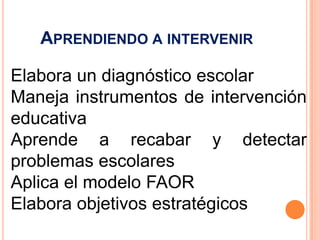 APRENDIENDO A INTERVENIR

Elabora un diagnóstico escolar
Maneja instrumentos de intervención
educativa
Aprende a recabar y detectar
problemas escolares
Aplica el modelo FAOR
Elabora objetivos estratégicos
 