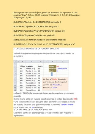Supongamos que en una hoja se guarda un inventario de repuestos. A1:A4
contiene "Ejes"; 4; 5; 6. B1:B4 contiene "Cojinetes"; 4; 7; 8. C1:C4 contiene
"Engranajes"; 9; 10; 11.
BUSCARH ("Ejes"; A1:C4;2;VERDADERO) es igual a 5
BUSCARH ("Cojinetes",A1:C4,3,FALSO) es igual a 7
BUSCARH ("Cojinetes";A1:C4;3;VERDADERO) es igual a 8
BUSCARH ("Engranajes";A1:C4;4;) es igual a 11
Matriz_buscar_en también puede ser una constante matricial:
BUSCARH (3;{1;2;3/"a";"b";"c"/"d";"e";"f"};2;VERDADERO) es igual a "c"
1. LA LÓGICA DETRÁS DE LA FUNCIÓN BUSCARV
Veamos la siguiente imagen para comprender un caso típico de uso de
BUSCARV
La función BUSCARV nos permite hacer una búsqueda de un elemento
concreto
dentro de una tabla (en nuestro caso buscamos el código de producto 602)
y una vez encontrado nos devuelve otros elementos asociados al mismo
(en nuestro caso nos dirá que corresponde al producto Tornillo 30 mm
y que su stock es de 34 unidades)
2. LA SINTAXIS DE LA FUNCIÓN BUSCARV
La sintaxis (forma de escribir) BUSCARV es sencilla y solo requiere 4
argumentos:
 