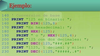 140 ' Conversion de base
150 PRINT "125 en binario: ";
160 PRINT BIN$(125,8)
170 PRINT "En hexadecimal: ";
180 PRINT HEX$(125);
190 PRINT " o "; HEX$(125,4);
200 PRINT "125 con dos decimales: ";
210 PRINT DEC$(125,"###.##")
220 PRINT "1125, 1 decimal y miles: ";
230 PRINT DEC$(1125,"#####,.#")
Ejemplo:
 