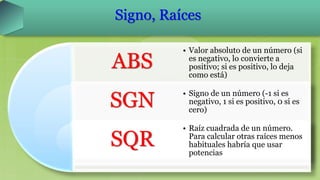 ABS
SGN
SQR
• Valor absoluto de un número (si
es negativo, lo convierte a
positivo; si es positivo, lo deja
como está)
• Signo de un número (-1 si es
negativo, 1 si es positivo, 0 si es
cero)
• Raíz cuadrada de un número.
Para calcular otras raíces menos
habituales habría que usar
potencias
Signo, Raíces
 