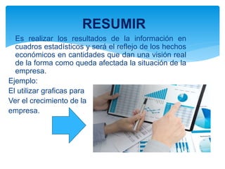  Es realizar los resultados de la información en
cuadros estadísticos y será el reflejo de los hechos
económicos en cantidades que dan una visión real
de la forma como queda afectada la situación de la
empresa.
Ejemplo:
El utilizar graficas para
Ver el crecimiento de la
empresa.
RESUMIR
 