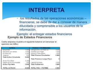  los resultados de las operaciones económicas –
financieras, se debe de dar a conocer de manera
dilucidada y comprensible a los usuarios de la
información.
Ejemplo: el entregar estados financieros
INTERPRETA
 
