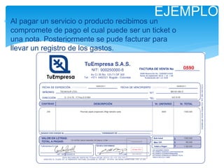  Al pagar un servicio o producto recibimos un
compromete de pago el cual puede ser un ticket o
una nota. Posteriormente se pude facturar para
llevar un registro de los gastos.
EJEMPLO
 