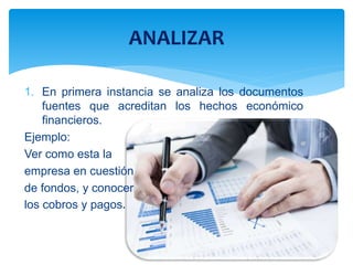 1. En primera instancia se analiza los documentos
fuentes que acreditan los hechos económico
financieros.
Ejemplo:
Ver como esta la
empresa en cuestión
de fondos, y conocer
los cobros y pagos.
ANALIZAR
 
