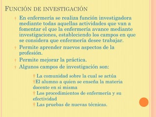 FUNCIÓN DE INVESTIGACIÓN
† En enfermería se realiza función investigadora
mediante todas aquellas actividades que van a
fomentar el que la enfermería avance mediante
investigaciones, estableciendo los campos en que
se considera que enfermería desee trabajar.
† Permite aprender nuevos aspectos de la
profesión.
† Permite mejorar la práctica.
† Algunos campos de investigación son:
† La comunidad sobre la cual se actúa
†El alumno a quien se enseña la materia
docente en si misma
† Los procedimientos de enfermería y su
efectividad
† Las pruebas de nuevas técnicas.
 