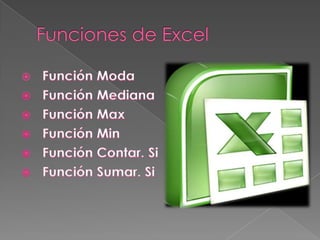 Funciones de Excel   Función Moda   Función Mediana   Función Max   Función Min   Función Contar. Si   Función Sumar. Si 