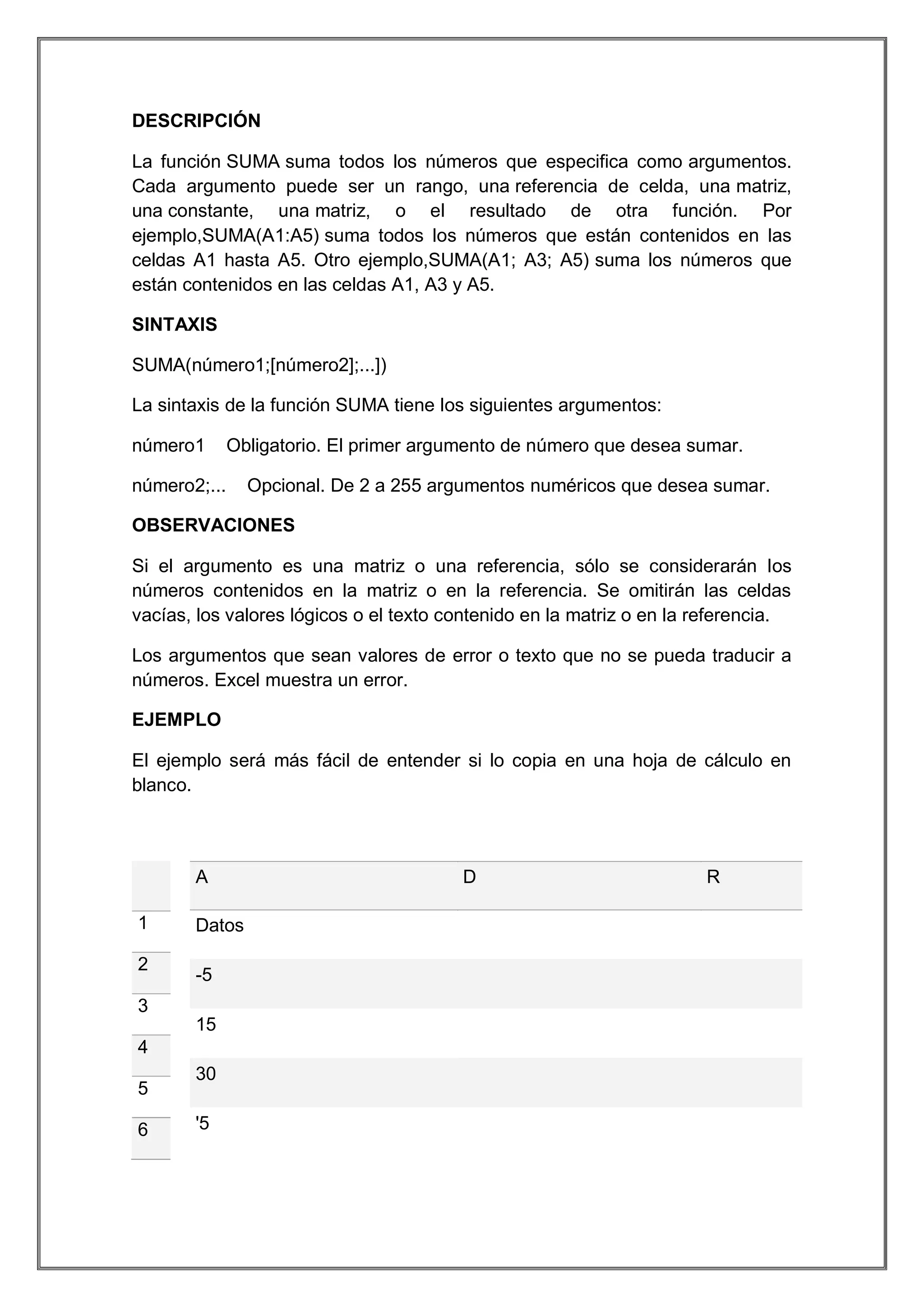 DESCRIPCIÓN
La función SUMA suma todos los números que especifica como argumentos.
Cada argumento puede ser un rango, una referencia de celda, una matriz,
una constante, una matriz, o el resultado de otra función. Por
ejemplo,SUMA(A1:A5) suma todos los números que están contenidos en las
celdas A1 hasta A5. Otro ejemplo,SUMA(A1; A3; A5) suma los números que
están contenidos en las celdas A1, A3 y A5.
SINTAXIS
SUMA(número1;[número2];...])
La sintaxis de la función SUMA tiene los siguientes argumentos:
número1

Obligatorio. El primer argumento de número que desea sumar.

número2;...

Opcional. De 2 a 255 argumentos numéricos que desea sumar.

OBSERVACIONES
Si el argumento es una matriz o una referencia, sólo se considerarán los
números contenidos en la matriz o en la referencia. Se omitirán las celdas
vacías, los valores lógicos o el texto contenido en la matriz o en la referencia.
Los argumentos que sean valores de error o texto que no se pueda traducir a
números. Excel muestra un error.
EJEMPLO
El ejemplo será más fácil de entender si lo copia en una hoja de cálculo en
blanco.

A
1
2

Datos
-5

3
15
4
5
6

30
'5

D

R

 