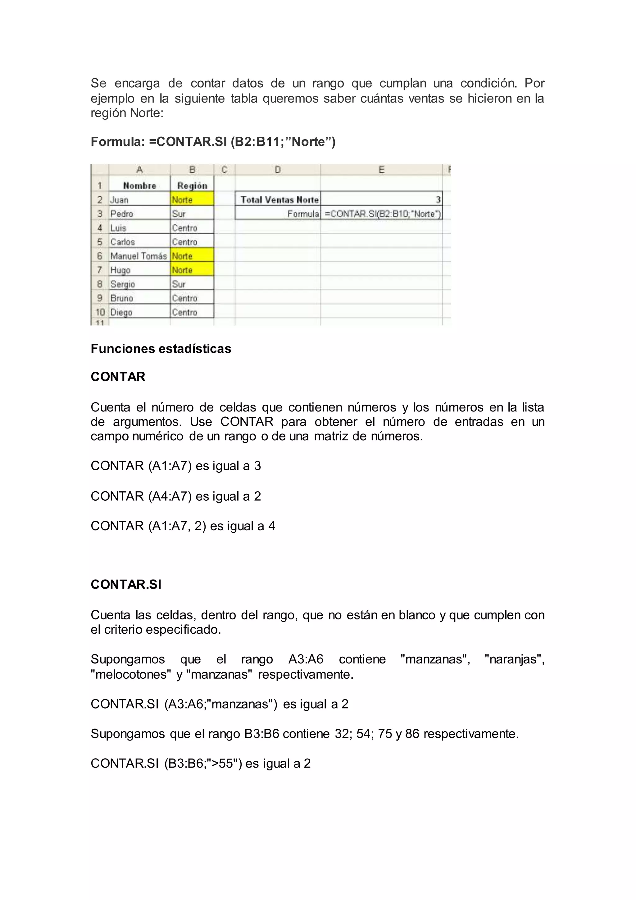 Se encarga de contar datos de un rango que cumplan una condición. Por
ejemplo en la siguiente tabla queremos saber cuántas ventas se hicieron en la
región Norte:
Formula: =CONTAR.SI (B2:B11;”Norte”)
Funciones estadísticas
CONTAR
Cuenta el número de celdas que contienen números y los números en la lista
de argumentos. Use CONTAR para obtener el número de entradas en un
campo numérico de un rango o de una matriz de números.
CONTAR (A1:A7) es igual a 3
CONTAR (A4:A7) es igual a 2
CONTAR (A1:A7, 2) es igual a 4
CONTAR.SI
Cuenta las celdas, dentro del rango, que no están en blanco y que cumplen con
el criterio especificado.
Supongamos que el rango A3:A6 contiene "manzanas", "naranjas",
"melocotones" y "manzanas" respectivamente.
CONTAR.SI (A3:A6;"manzanas") es igual a 2
Supongamos que el rango B3:B6 contiene 32; 54; 75 y 86 respectivamente.
CONTAR.SI (B3:B6;">55") es igual a 2
 