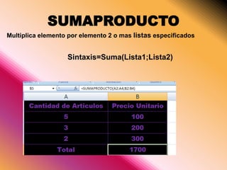 SUMAPRODUCTO
Multiplica elemento por elemento 2 o mas listas especificados
Sintaxis=Suma(Lista1;Lista2)
 