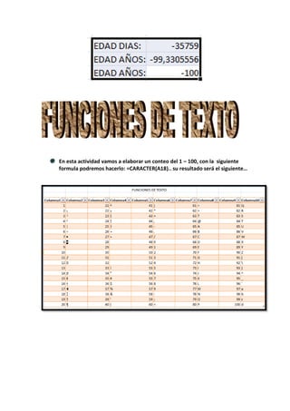 En esta actividad vamos a elaborar un conteo del 1 – 100, con la siguiente
formula podremos hacerlo: =CARACTER(A18).. su resultado será el siguiente…
 