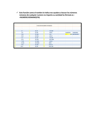  Esta función como el nombre lo indica nos ayudara a buscar los números
  romanos de cualquier numero no importa su cantidad Su fórmula es :
  =NUMERO.ROMANO(I76)
 
