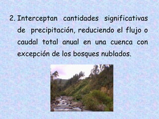 2. Interceptan cantidades significativas
de precipitación, reduciendo el flujo o
caudal total anual en una cuenca con
excepción de los bosques nublados.

 