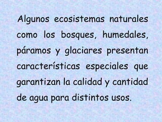 Algunos ecosistemas naturales
como los bosques, humedales,
páramos y glaciares presentan
características especiales que
garantizan la calidad y cantidad
de agua para distintos usos.

 