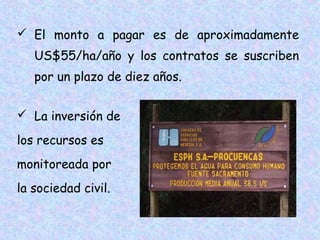  El monto a pagar es de aproximadamente
US$55/ha/año y los contratos se suscriben
por un plazo de diez años.
 La inversión de
los recursos es
monitoreada por
la sociedad civil.

 