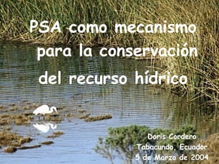 PSA como mecanismo
para laelconservación
Pasos para
desarrollo de un
esquema de cobro y hídrico
del recurso PSA hídrico

Doris Cordero
Loja, Ecuador
Doris Cordero
Junio de 2003

Tabacundo, Ecuador
5 de Marzo de 2004

 