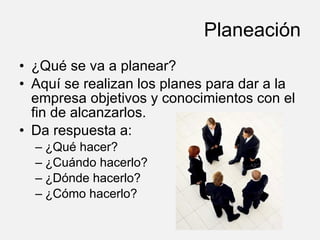 Planeación ¿Qué se va a planear? Aquí se realizan los planes para dar a la empresa objetivos y conocimientos con el fin de alcanzarlos. Da respuesta a:  ¿Qué hacer? ¿Cuándo hacerlo? ¿Dónde hacerlo? ¿Cómo hacerlo? 