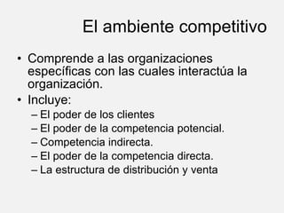 El ambiente competitivo Comprende a las organizaciones específicas con las cuales interactúa la organización. Incluye: El poder de los clientes El poder de la competencia potencial. Competencia indirecta. El poder de la competencia directa. La estructura de distribución y venta 