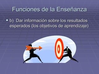 Funciones de la Enseñanza
 b) Dar información sobre los resultados
 esperados (los objetivos de aprendizaje)
 