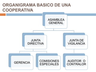 ORGANIGRAMA BASICO DE UNA 
COOPERATIVA 
ASAMBLEA 
GENERAL 
JUNTA 
DIRECTIVA 
GERENCIA 
COMISIONES 
ESPECIALES 
JUNTA DE 
VIGILANCIA 
AUDITOR O 
CONTRALOR 
 