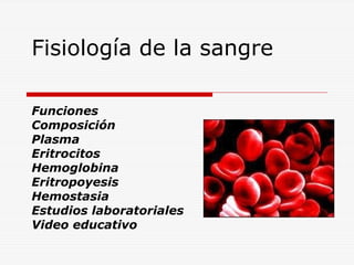 Fisiología de la sangre
Funciones
Composición
Plasma
Eritrocitos
Hemoglobina
Eritropoyesis
Hemostasia
Estudios laboratoriales
Video educativo

 