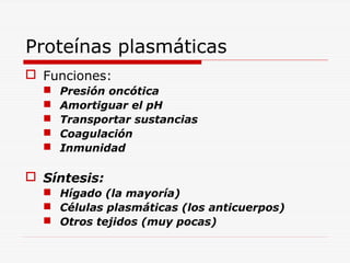 Proteínas plasmáticas
 Funciones:






Presión oncótica
Amortiguar el pH
Transportar sustancias
Coagulación
Inmunidad

 Síntesis:
 Hígado (la mayoría)
 Células plasmáticas (los anticuerpos)
 Otros tejidos (muy pocas)

 