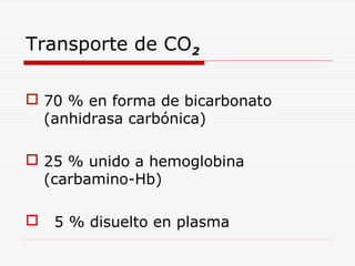 Transporte de CO2
 70 % en forma de bicarbonato
(anhidrasa carbónica)
 25 % unido a hemoglobina
(carbamino-Hb)


5 % disuelto en plasma

 
