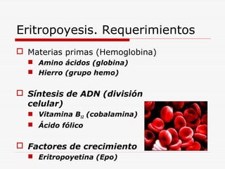 Eritropoyesis. Requerimientos
 Materias primas (Hemoglobina)
 Amino ácidos (globina)
 Hierro (grupo hemo)

 Síntesis de ADN (división
celular)
 Vitamina B12 (cobalamina)
 Ácido fólico

 Factores de crecimiento
 Eritropoyetina (Epo)

 