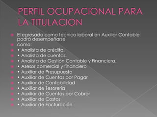 El egresado como técnico laboral en Auxiliar Contable
  podrá desempeñarse
 como:
 • Analista de crédito.
 • Analista de cuentas.
 • Analista de Gestión Contable y Financiera.
 • Asesor comercial y financiero
 • Auxiliar de Presupuesto
 • Auxiliar de Cuentas por Pagar
 • Auxiliar de Contabilidad
 • Auxiliar de Tesorería
 • Auxiliar de Cuentas por Cobrar
 • Auxiliar de Costos
 • Auxiliar de Facturación
 