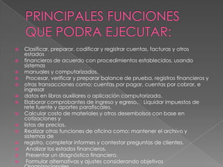    Clasificar, preparar, codificar y registrar cuentas, facturas y otros
    estados
   financieros de acuerdo con procedimientos establecidos, usando
    sistemas
   manuales y computarizados.
    Procesar, verificar y preparar balance de prueba, registros financieros y
   otras transacciones como: cuentas por pagar, cuentas por cobrar, e
    ingresar
   datos en libros auxiliares o aplicación computarizada.
   Elaborar comprobantes de ingreso y egreso.Liquidar impuestos de
    rete fuente y aportes parafiscales.
   Calcular costo de materiales y otros desembolsos con base en
    cotizaciones y
   listas de precios.
   Realizar otras funciones de oficina como: mantener el archivo y
    sistemas de
   registro, completar informes y contestar preguntas de clientes.
    Analizar los estados financieros.
    Presentar un diagnóstico financiero.
    Formular alternativas y ajustes considerando objetivos
 