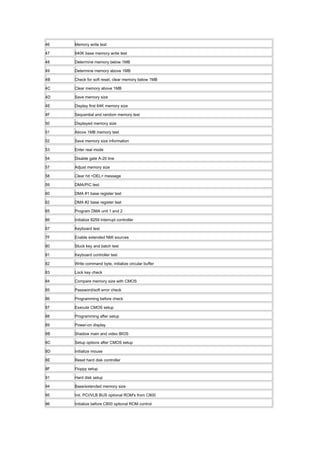 46 Memory write test
47 640K base memory write test
48 Determine memory below 1MB
49 Determine memory above 1MB
4B Check for soft reset, clear memory below 1MB
4C Clear memory above 1MB
4D Save memory size
4E Display first 64K memory size
4F Sequential and random memory test
50 Displayed memory size
51 Above 1MB memory test
52 Save memory size information
53 Enter real mode
54 Disable gate A-20 line
57 Adjust memory size
58 Clear hit <DEL> message
59 DMA/PIC test
60 DMA #1 base register test
62 DMA #2 base register test
65 Program DMA unit 1 and 2
66 Initialize 8259 Interrupt controller
67 Keyboard test
7F Enable extended NMI sources
80 Stuck key and batch test
81 Keyboard controller test
82 Write command byte, initialize circular buffer
83 Lock key check
84 Compare memory size with CMOS
85 Password/soft error check
86 Programming before check
87 Execute CMOS setup
88 Programming after setup
89 Power-on display
8B Shadow main and video BIOS
8C Setup options after CMOS setup
8D Initialize mouse
8E Reset hard disk controller
8F Floppy setup
91 Hard disk setup
94 Base/extended memory size
95 Init. PCI/VLB BUS optional ROM's from C800
96 Initialize before C800 optional ROM control
 