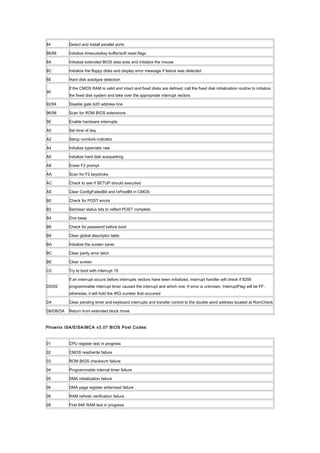 84 Detect and install parallel ports
86/88 Initialize timeouts/key buffer/soft reset flags
8A Initialize extended BIOS data area and initialize the mouse
8C Initialize the floppy disks and display error message if failure was detected
8E Hard disk autotype detection
90
If the CMOS RAM is valid and intact and fixed disks are defined, call the fixed disk initialization routine to initialize
the fixed disk system and take over the appropriate interrupt vectors
92/94 Disable gate A20 address line
96/98 Scan for ROM BIOS extensions
9E Enable hardware interrupts
A0 Set time of day
A2 Setup numlock indicator
A4 Initialize typematic rate
A6 Initialize hard disk autoparking
A8 Erase F2 prompt
AA Scan for F2 keystroke
AC Check to see if SETUP should executed
AE Clear ConfigFailedBit and InPostBit in CMOS
B0 Check for POST errors
B2 Set/clear status bits to reflect POST complete
B4 One beep
B6 Check for password before boot
B8 Clear global descriptor table
BA Initialize the screen saver
BC Clear parity error latch
BE Clear screen
C0 Try to boot with interrupt 19
D0/D2
If an interrupt occurs before interrupts vectors have been initialized, interrupt handler will check if 8259
programmable interrupt timer caused the interrupt and which one; If error is unknown, InterruptFlag will be FF,
otherwise, it will hold the IRQ number that occurred
D4 Clear pending timer and keyboard interrupts and transfer control to the double word address located at RomCheck
D6/D8/DA Return from extended block move
Phoenix ISA/EISA/MCA v3.07 BIOS Post Codes:
01 CPU register test in progress
02 CMOS read/write failure
03 ROM BIOS checksum failure
04 Programmable interval timer failure
05 DMA initialization failure
06 DMA page register write/read failure
08 RAM refresh verification failure
09 First 64K RAM test in progress
 