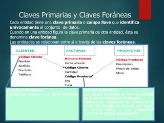 Cada entidad tiene una clave primaria o campo llave que identifica
unívocamente al conjunto de datos.
Cuando en una entidad figura la clave primaria de otra entidad, ésta se
denomina clave foránea.
Las entidades se relacionan entre sí a través de las claves foráneas.
Claves Primarias y Claves Foráneas
CLAVES PRIMARIAS
Código de Cliente es la clave primaria
de
CLAVES FORÁNEAS
Son claves foráneas en Facturas Código
de Cliente y Código de Producto.
Clientes se relaciona con Facturas a
través del Código de Cliente que figura
en ambas tablas y con Productos
mediante el Código de producto.
 
