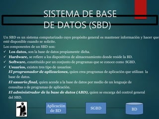 SISTEMA DE BASE
DE DATOS (SBD)
Un SBD es un sistema computarizado cuyo propósito general es mantener información y hacer que
esté disponible cuando se solicite.
Los componentes de un SBD son:
 Los datos, son la base de datos propiamente dicha.
 Hardware, se refiere a los dispositivos de almacenamiento donde reside la BD.
 Software, constituido por un conjunto de programas que se conoce como SGBD.
 Usuarios, existen tres tipo de usuarios:
El programador de aplicaciones, quien crea programas de aplicación que utilizan la
base de datos.
El usuario final, quien accede a la base de datos por medio de un lenguaje de
consultas o de programas de aplicación.
El administrador de la base de datos (ABD), quien se encarga del control general
del SBD.
BD
Aplicación
de BD
SGBD
 