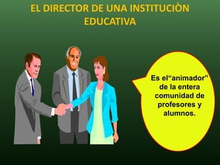 EL DIRECTOR DE UNA INSTITUCIÒN
          EDUCATIVA




                      Es el“animador”
                        de la entera
                       comunidad de
                        profesores y
                         alumnos.
 