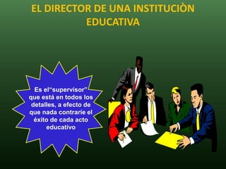 EL DIRECTOR DE UNA INSTITUCIÒN
          EDUCATIVA




  Es el“supervisor”
que está en todos los
 detalles, a efecto de
que nada contraríe el
  éxito de cada acto
      educativo
 