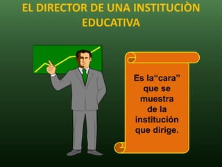 EL DIRECTOR DE UNA INSTITUCIÒN
          EDUCATIVA



                  Es la“cara”
                    que se
                   muestra
                     de la
                  institución
                  que dirige.
 
