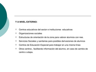 Y A NIVEL EXTERNO: Centros educativos del sector e instituciones  educativas Organizaciones sociales Estructuras de orientación de la zona para valorar alumnos con nee. Servicios Sociales y sanitarias para posibles derivaciones de alumnos Centros de Educación Especial para trabajar en una misma línea Otros centros , facilitando información del alumno, en caso de cambio de centro o etapa. 
