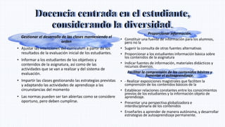 Docencia centrada en el estudiante,
considerando la diversidad.
Docencia centrada en el estudiante,
considerando la diversidad.
Gestionar el desarrollo de las clases manteniendo el
orden
• Ajustar las intenciones del curriculum a partir de los
resultados de la evaluación inicial de los estudiantes.
• Informar a los estudiantes de los objetivos y
contenidos de la asignatura, así como de las
actividades que se van a realizar y del sistema de
evaluación.
• Impartir las clases gestionando las estrategias previstas
y adaptando las actividades de aprendizaje a las
circunstancias del momento
• Las normas pueden ser tan abiertas como se considere
oportuno, pero deben cumplirse.
Proporcionar información.
• Constituir una fuente de información para los alumnos,
pero no la
• Sugerir la consulta de otras fuentes alternativas
• Proporcionar a los estudiantes información básica sobre
los contenidos de la asignatura
• Indicar fuentes de información, materiales didácticos y
recursos diversos.
Facilitar la comprensión de los contenidos básicos y
fomentar el autoaprendizaje.
• - Realizar exposiciones magistrales que faciliten la
comprensión de los contenidos básicos de la
• Establecer relaciones constantes entre los conocimientos
previos de los estudiantes y la información objeto de
aprendizaje.
• Presentar una perspectiva globalizadora e
interdisciplinaria de los contenidos
• Enseñarles a aprender de manera autónoma, y desarrollar
estrategias de autoaprendizaje permanente.
 