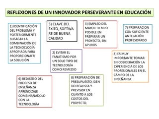 REFLEXIONES DE UN INNOVADOR PERSEVERANTE EN EDUCACIÓN

                       5) CLAVE DEL        3) EMPLEO DEL
1) IDENTIFICACIÓN                          MAYOR TIEMPO          7) PREPARACION
DEL PROBLEMA Y         ÉXITO, SOFTWA
                                           POSIBLE EN            CON SUFICIENTE
POSTERIORMENTE         RE DE BUENA
                                           PREPARAR UN           ANTELACIÓN
BUSACAR LA             CALIDAD                                   PROFESORADO
                                           PROYECTO, SIN
COMBINACIÓN DE                             APUROS
LA TECNOCLOGÍA
APROPIADA PARA          2) EVITAR EL                       4) ES MUY
PROPORCIONAFR           FANATISMO POR                      IMPORTANTE TOMAR
LA SOLUCIÓN             UN SOLO TIPO DE                    EN COSIDERACIÓN LA
                        TECNOLCOGÍA                        EXPERIENCIA DE LOS
                        COMO REMEDIO                       PROFESIONALES EN EL
                                                           CAMPO DE LA
     6) REDISEÑO DEL               8) PREPARACIÓN DE       ENSEÑANZA.
     PROCESO DE                    PRESUPUESTO, SIEN
     ENSEÑANZA                     DO REALISTA Y
     APRENDIZAJE                   PREVISOR EN
     COMBINANADOLO                 CUANTO A LOS
     CON LA                        COSTOS DEL
     TECNOCLOGÍA                   PROYECTO.
 